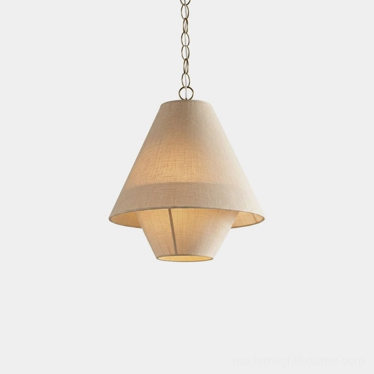 Tiera tiered pendant light with double-layer beige linen fabric cone shade and brass metal chain, studio front view on plain white background