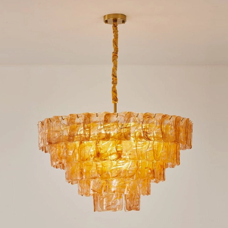 Modern tiered glass chandelier soft ambient glow effect, showing how glazed glass diffuses light in multidimensional pattern