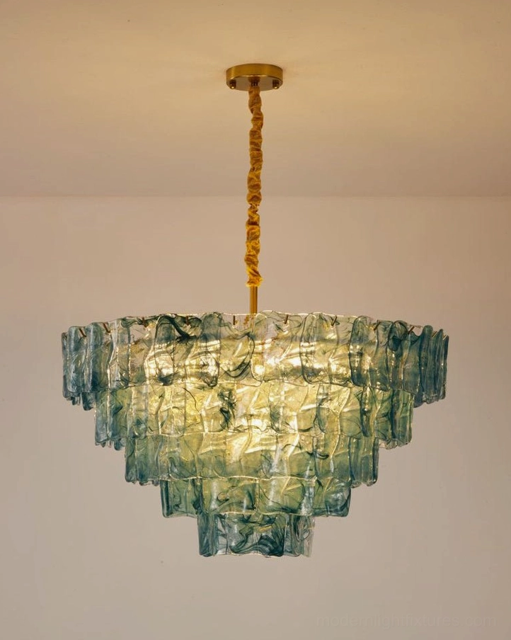 Tiered glass chandelier ceiling mount and proportional placement, modern pendant fixture in residential dining space