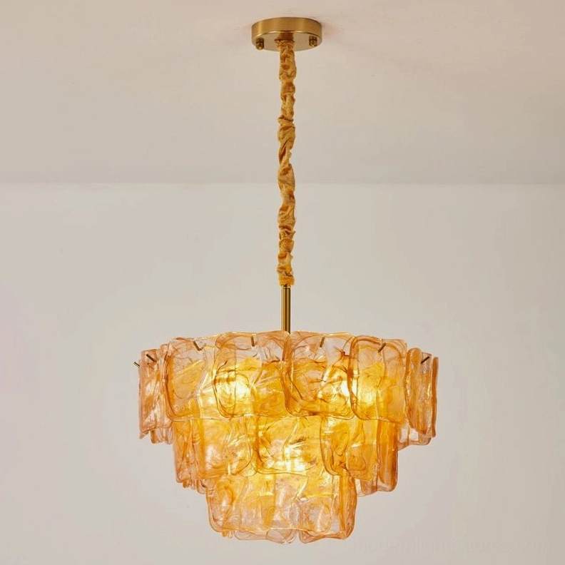 Tiered glass chandelier architectural framework, metal body structure with adjustable hanging chain, modern pendant design