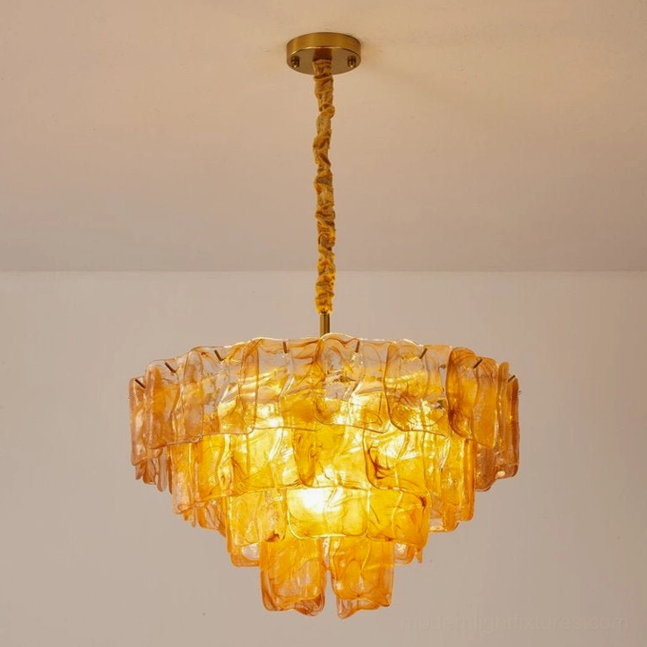 Tiered glass chandelier mid-century modern design aesthetic, geometric sculptural pendant light fixture showcase