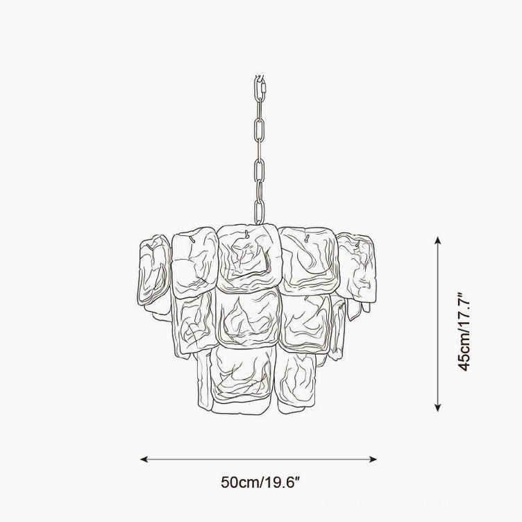 Technical drawing of modern tiered glass chandelier, front orthographic specifications showing 50cm diameter and 45cm height with three-tier design