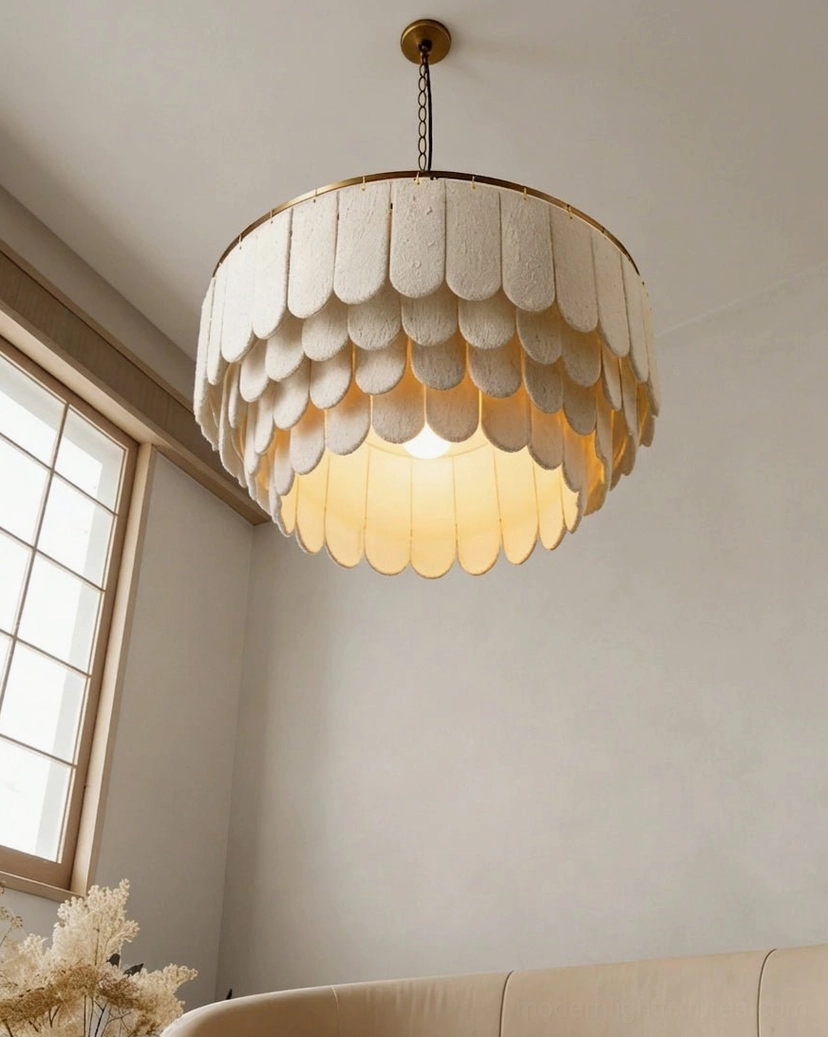 Layered scalloped chandelier with brass frame in cozy living space with sloped ceiling window and warm neutral interior design