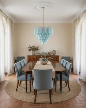 Blue frosted glass tiered chandelier installed in warm tone dining room with neutral decor