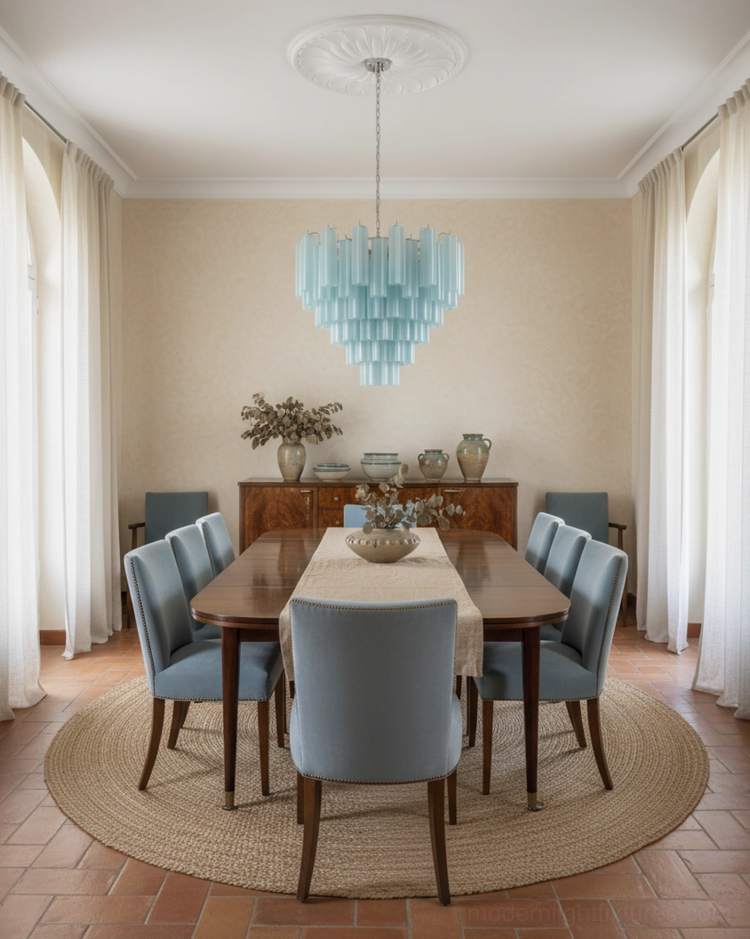 Blue frosted glass tiered chandelier installed in warm tone dining room with neutral decor
