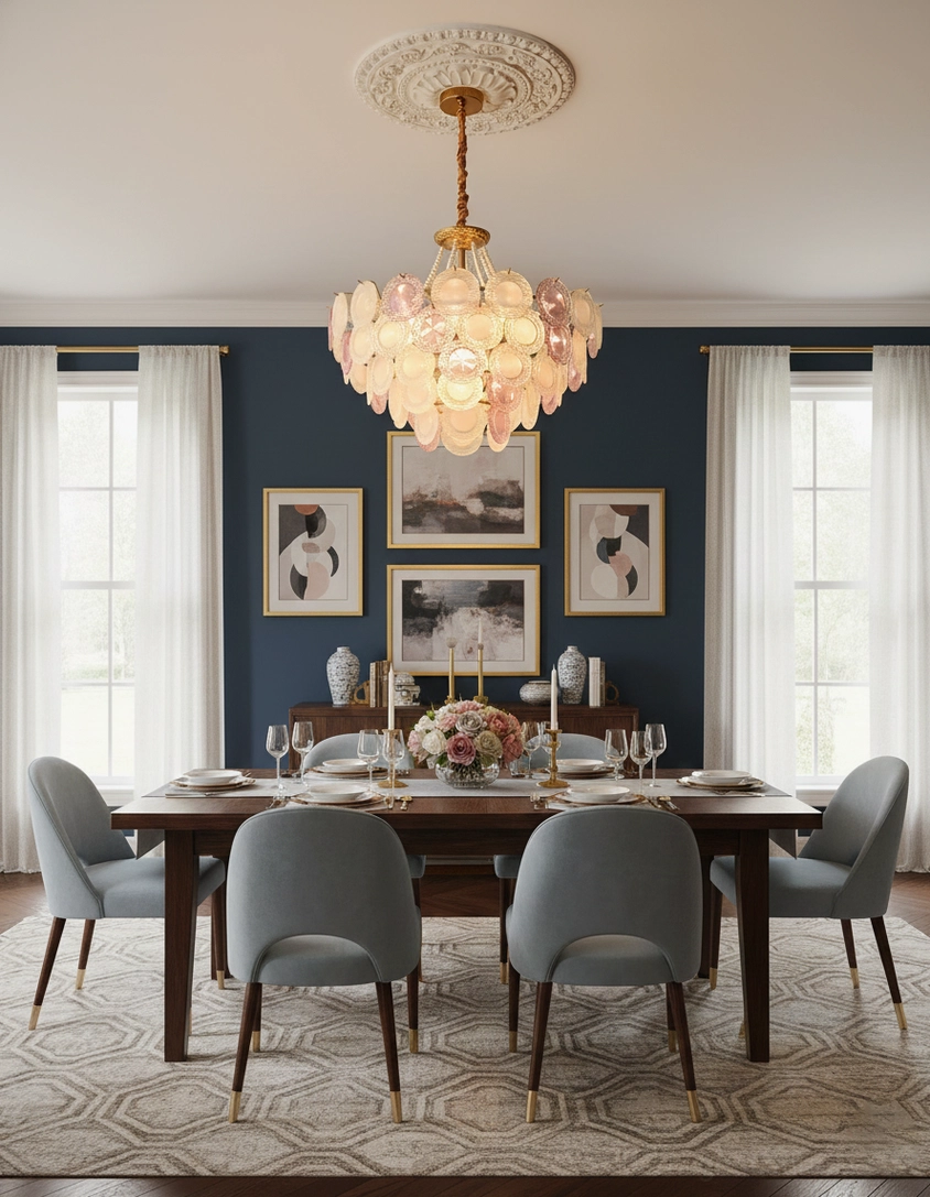 Violaire tiered glass chandelier front center view displaying gradient blush pink and clear glass composition