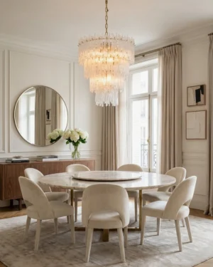 Glacielle chandelier illuminating formal dining room with neutral upholstered chairs - tiered glass pendant light installation