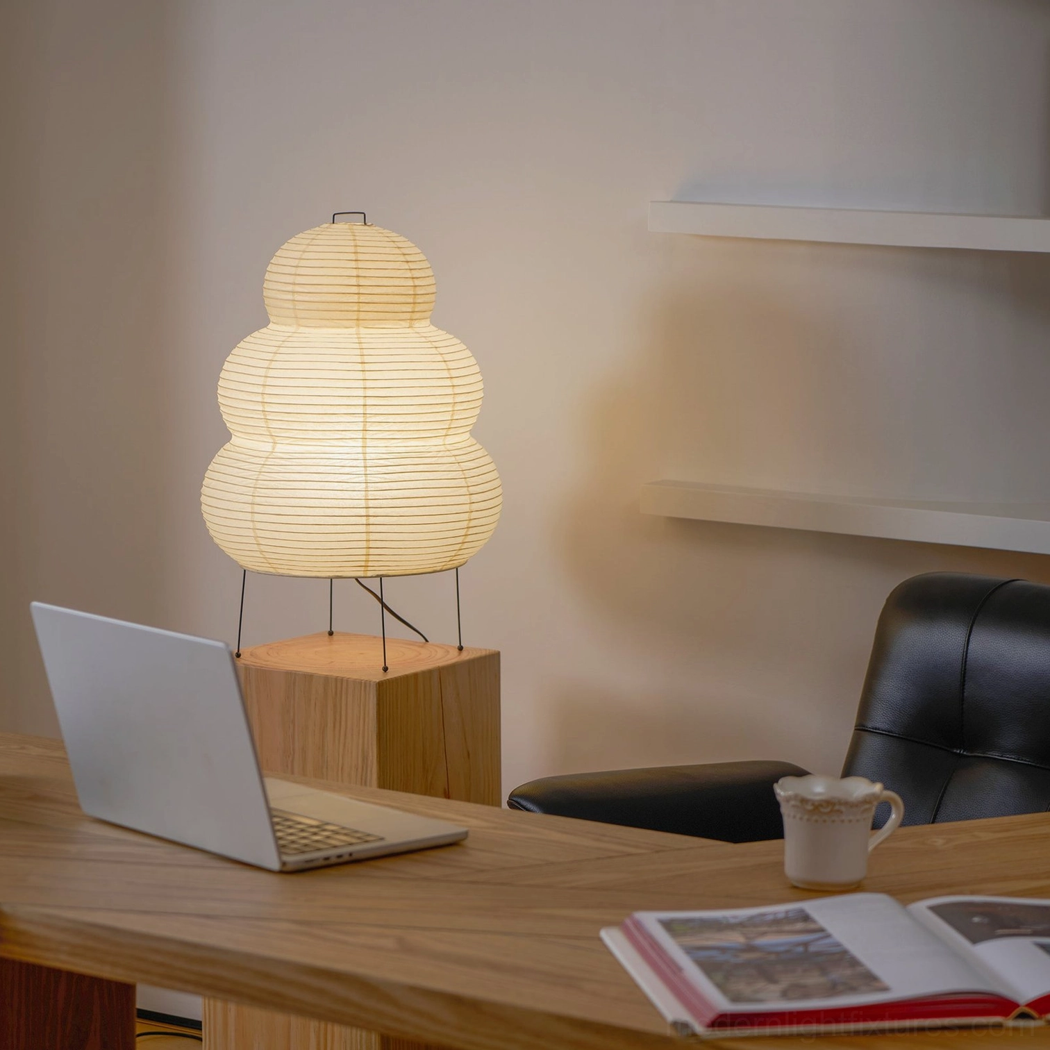 Tiered Shoji table lamp styling in contemporary interior, minimalist aesthetic coordination
