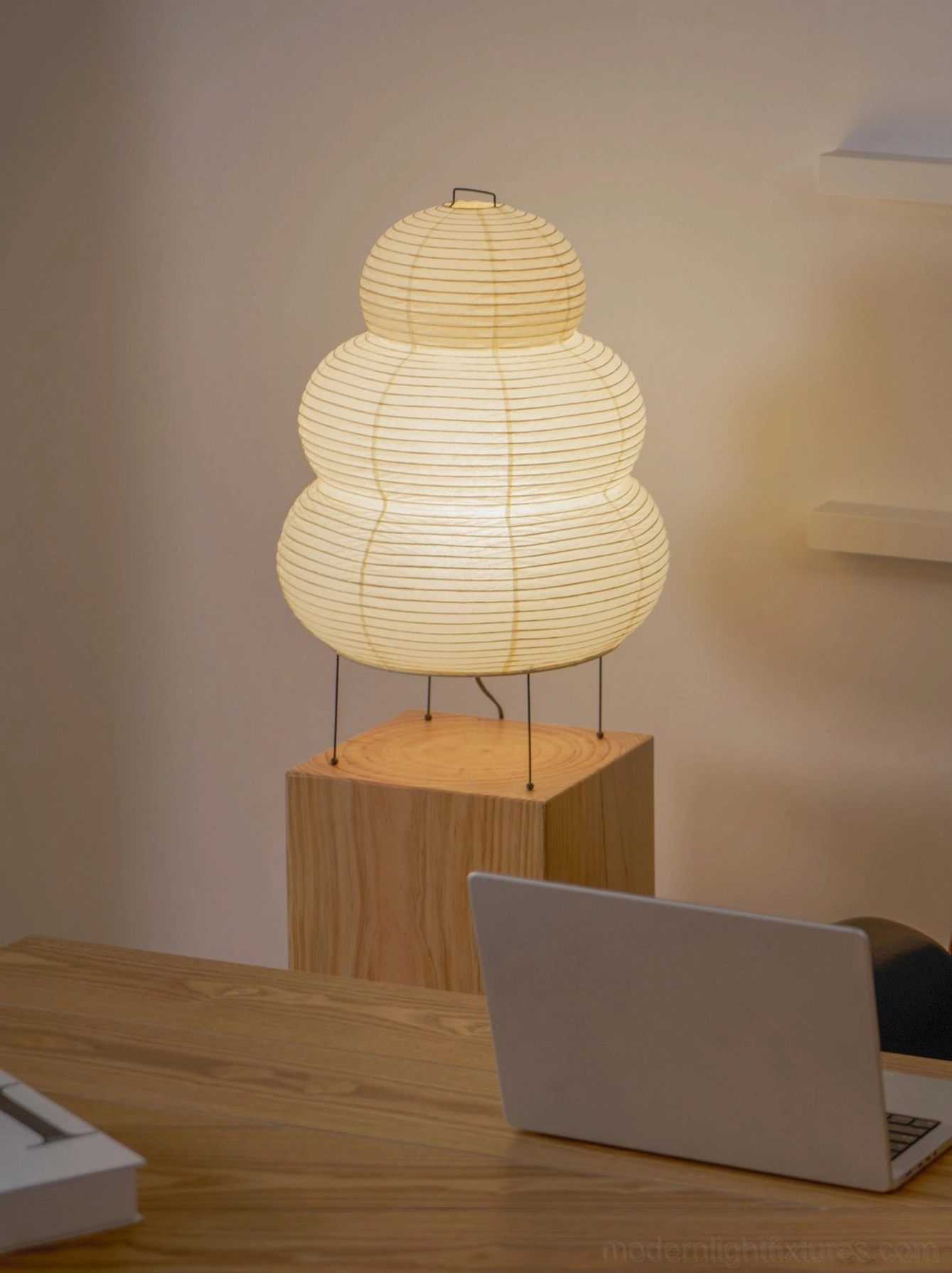 Contemporary tiered Shoji lamp full side profile, minimalist sculptural design form