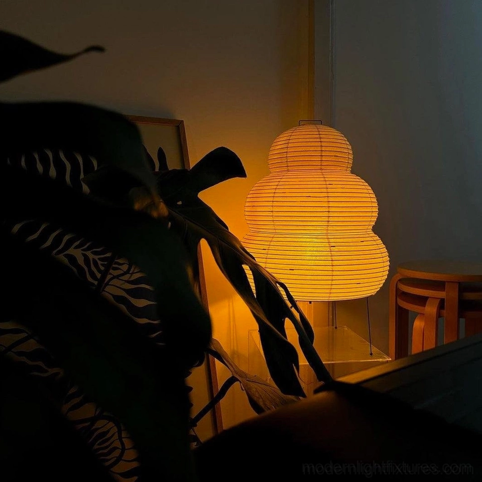 Tiered Shoji paper lamp silhouette, geometric sculptural form and design profile