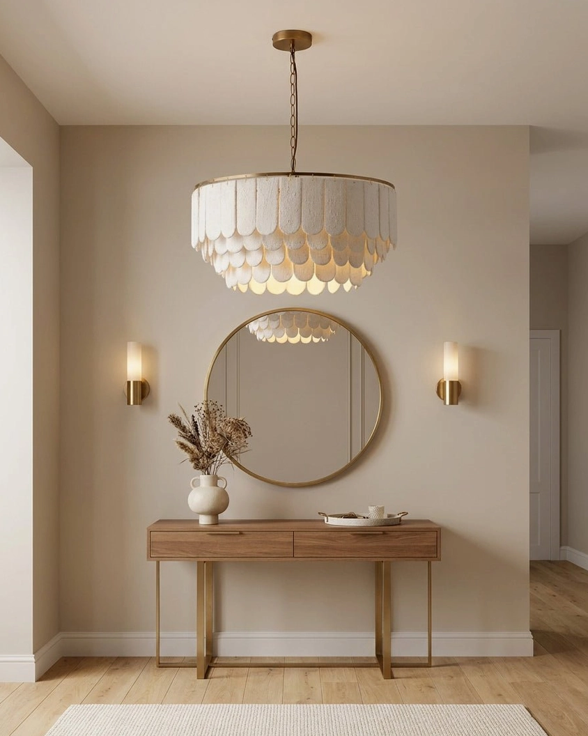 Modern farmhouse tiered scalloped chandelier above vanity area with round mirror, console table and wall sconces
