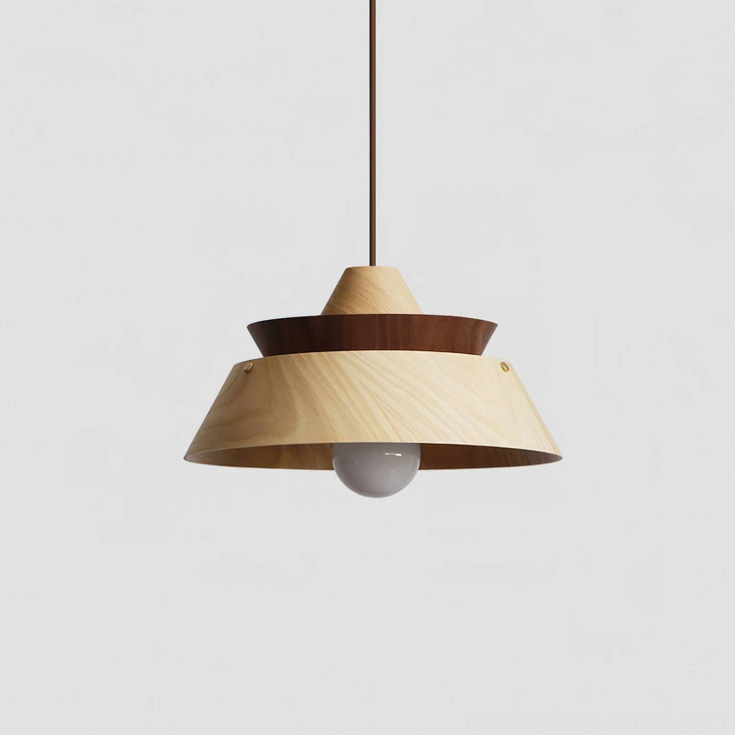 Model A tiered wood pendant lamp in natural light showing authentic grain texture and craftsmanship