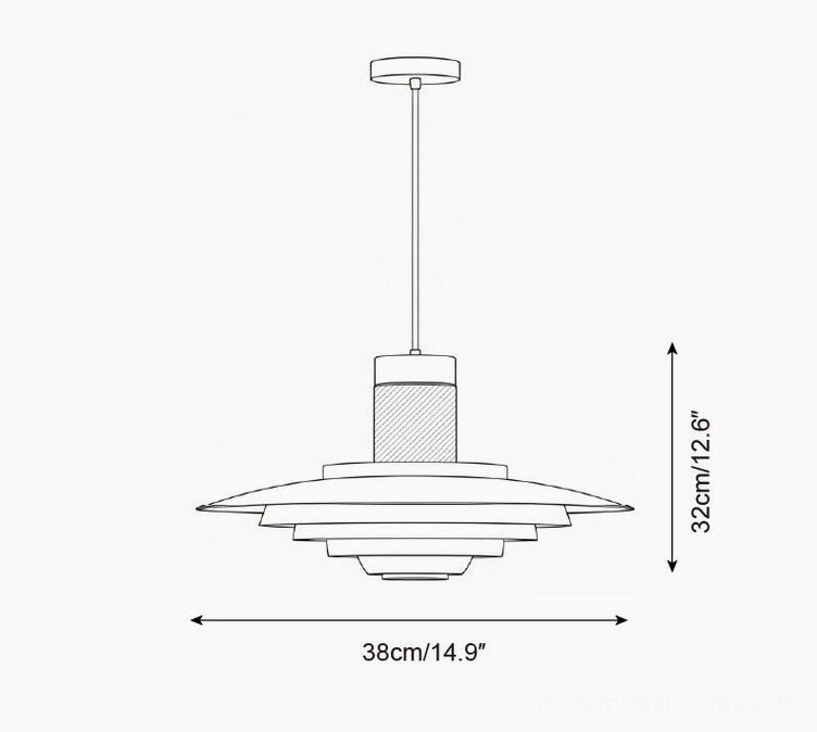 Technical schematic drawing of tiered pendant lamp showing front orthographic view, specifications for 38cm width and 32cm total height compact size