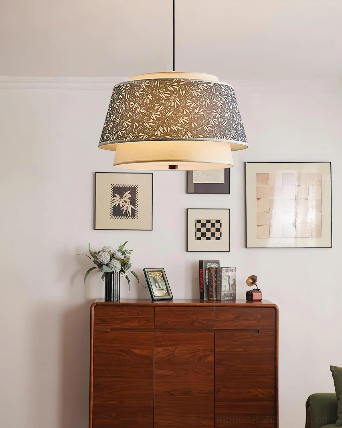 Tiered pendant lamp in neutral white and cream tones Nordic design contemporary home