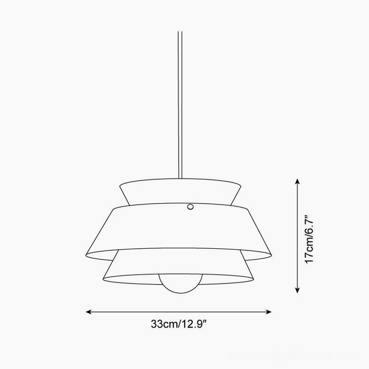 Orthographic design drawing of tiered wood pendant light showing sculptural layer proportions