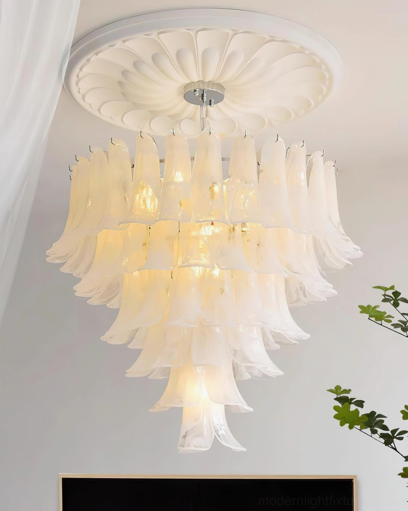 Complete tiered petal chandelier with all glass layers assembled and ready for installation