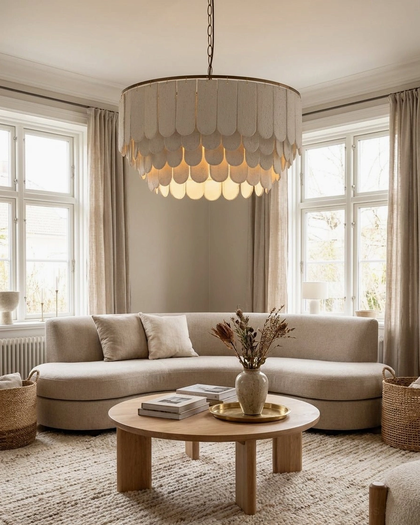 Modern minimalist living room with tiered scalloped fabric pendant chandelier above sectional sofa warm neutral palette