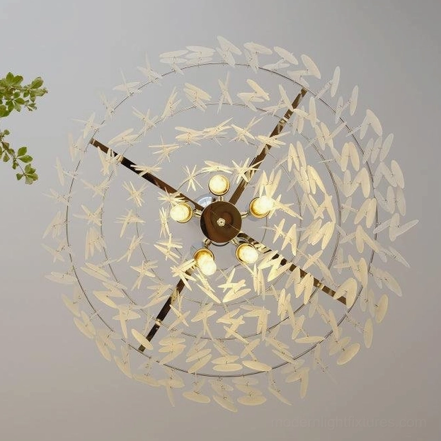 Tiered shell chandelier with circular metal frame and leaf-style Capiz pendants, bottom-up view