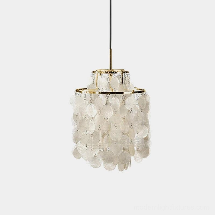 Tiered shell pendant fixture in hospitality boutique restaurant setting