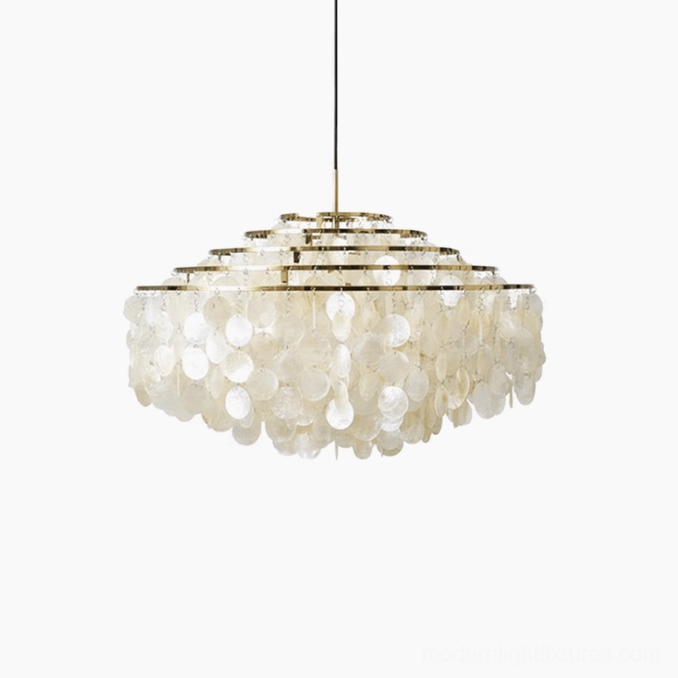 Tiered shell pendant light with multiple shell discs showing translucency and depth
