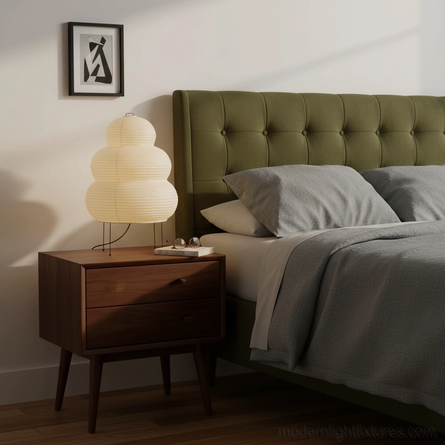 Elegant tiered Shoji lamp on dark wood nightstand beside green tufted bed in master bedroom