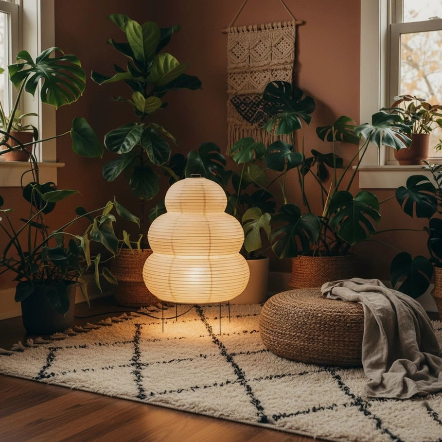 Illuminated sculptural tiered paper lamp in boho plant-filled living room on geometric rug