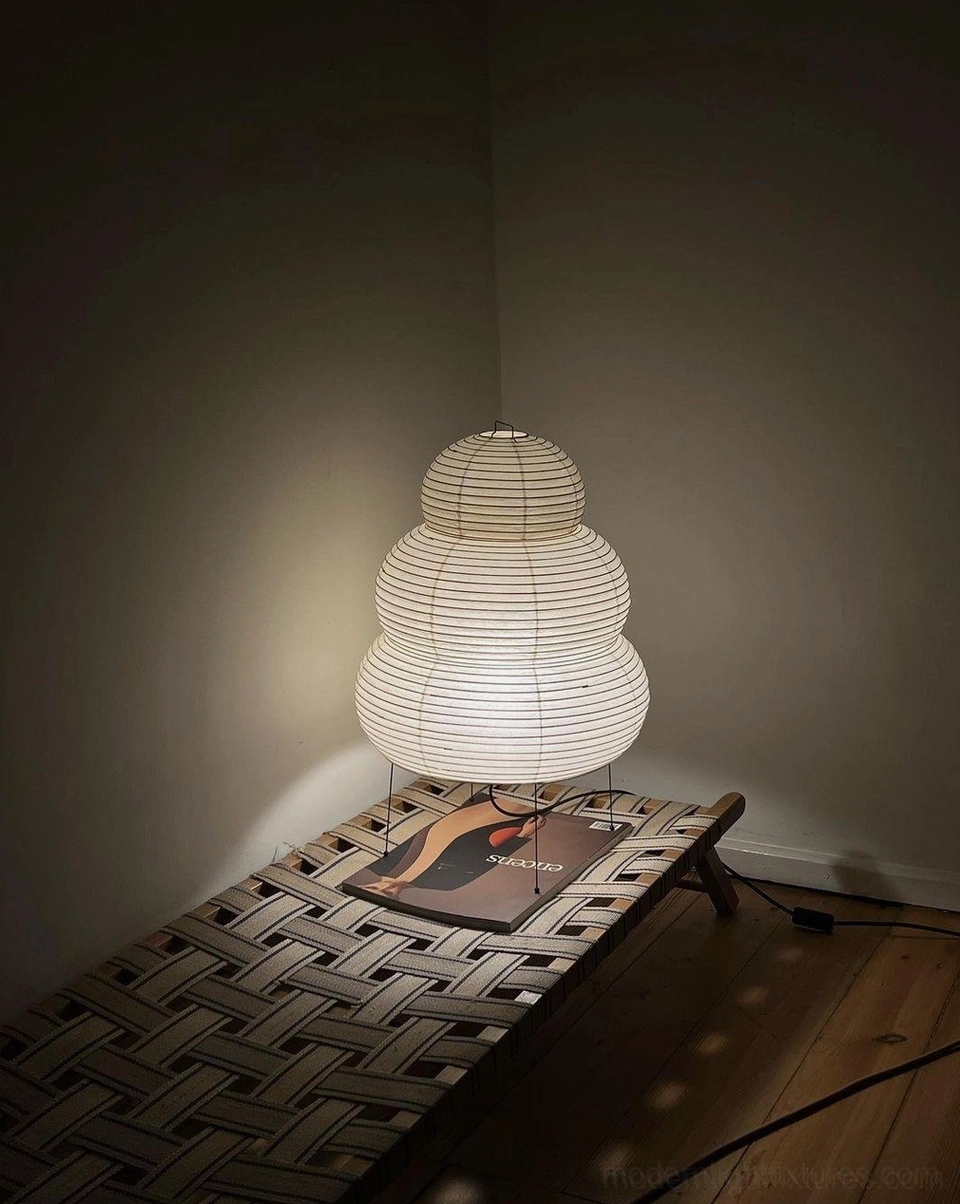 Complete tiered Shoji paper table lamp with cylindrical shade, full product view white background