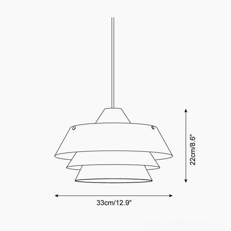 Close-up of tiered wood pendant light shade showing wood grain patterns and geometric layer design