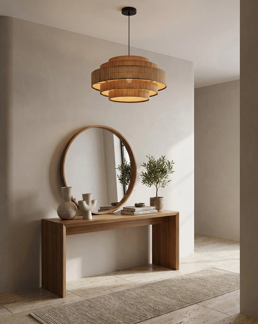 Tierelle pendant light in entryway console area, boho warm neutral entry lighting, woven-bamboo fixture in transitional foyer space