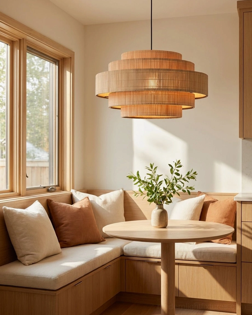 Tierelle tiered pendant fixture hanging over kitchen island banquette seating, natural light wood tones, bohemian modern kitchen design with woven shade