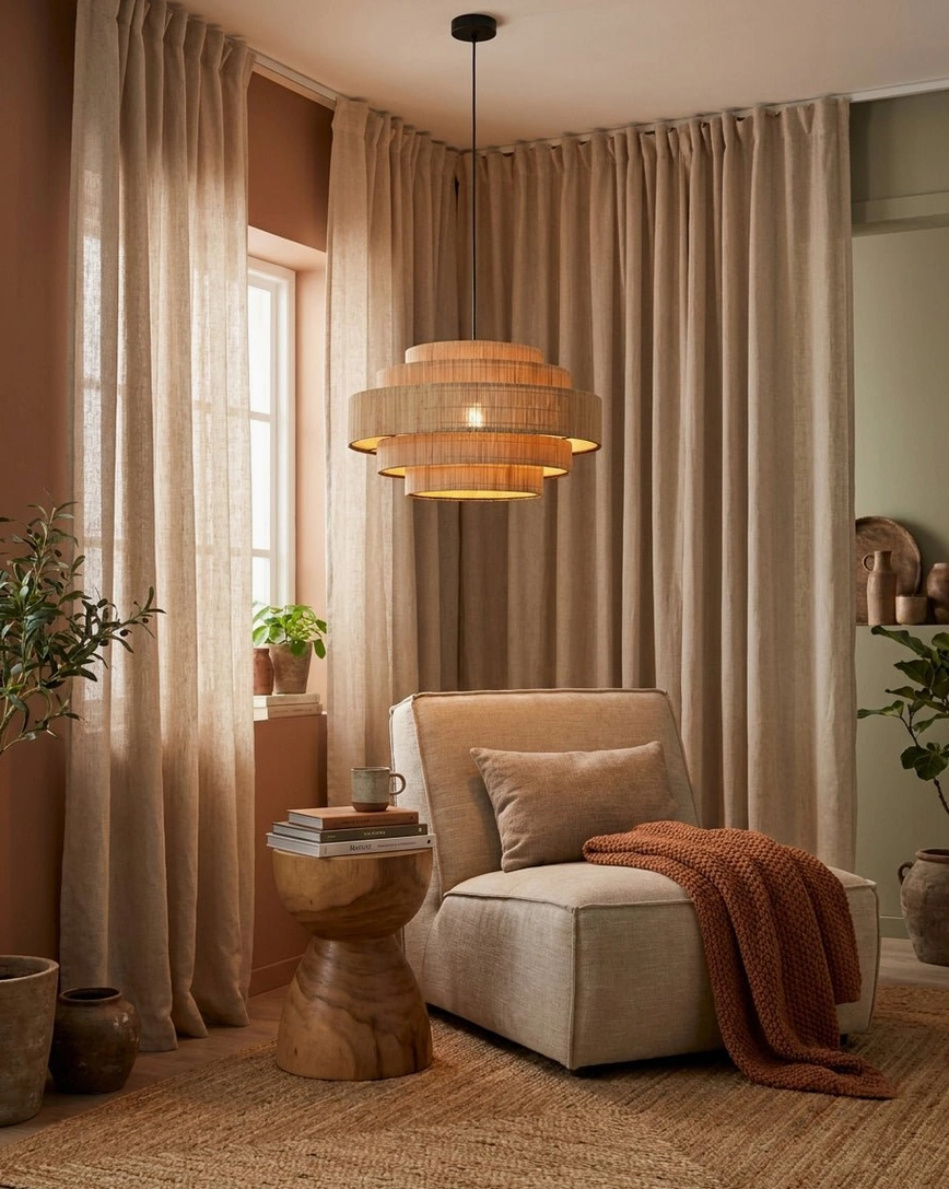 Tierelle woven-bamboo pendant in cozy reading corner with sheer curtains, relaxation nook ambient lighting, boho natural fiber fixture detail