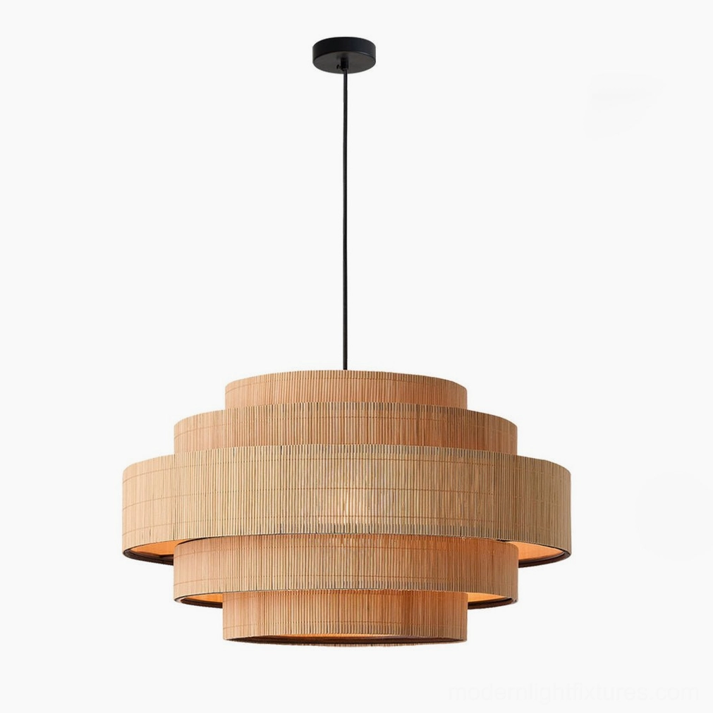 Tierelle grand woven-bamboo pendant light in size 4 (extra-large), two-story foyer statement fixture, maximum scale tiered bamboo pendant