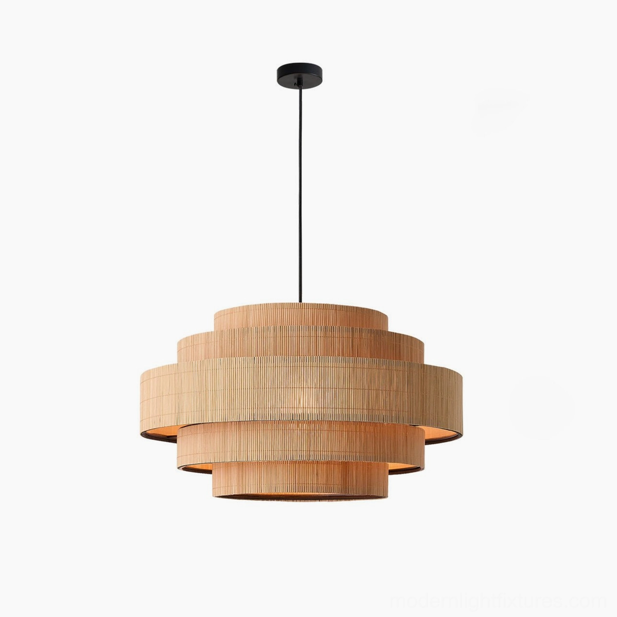 Tierelle woven-bamboo pendant light in size 2 (medium), dining table scale fixture, balanced proportions, warm 3000K LED bulbs interior view