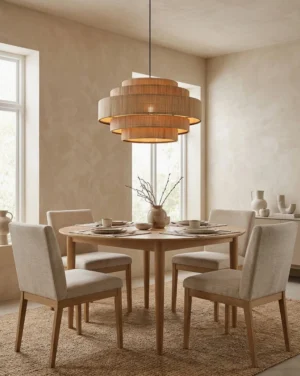 Tierelle bamboo pendant light illuminated above dining table in farmhouse-style dining room, warm ambient glow through woven bamboo tiers, shadow play on wall