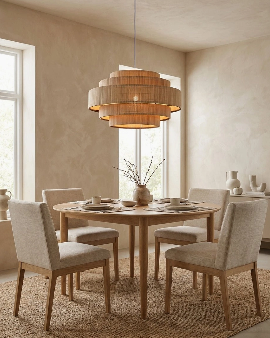 Tierelle bamboo pendant light illuminated above dining table in farmhouse-style dining room, warm ambient glow through woven bamboo tiers, shadow play on wall