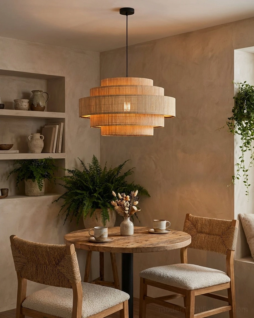 Tierelle tiered woven-bamboo pendant over dining nook with natural wood chairs, casual dining area lighting, warm glow through stepped bamboo tiers
