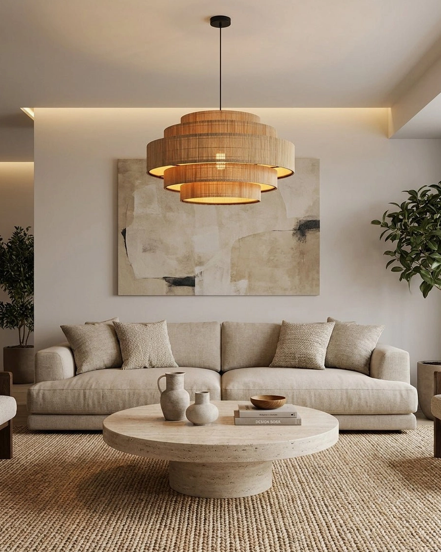 Tierelle tiered woven-bamboo pendant in modern living room with sectional sofa, warm boho living space lighting, sculptural pendant as focal point