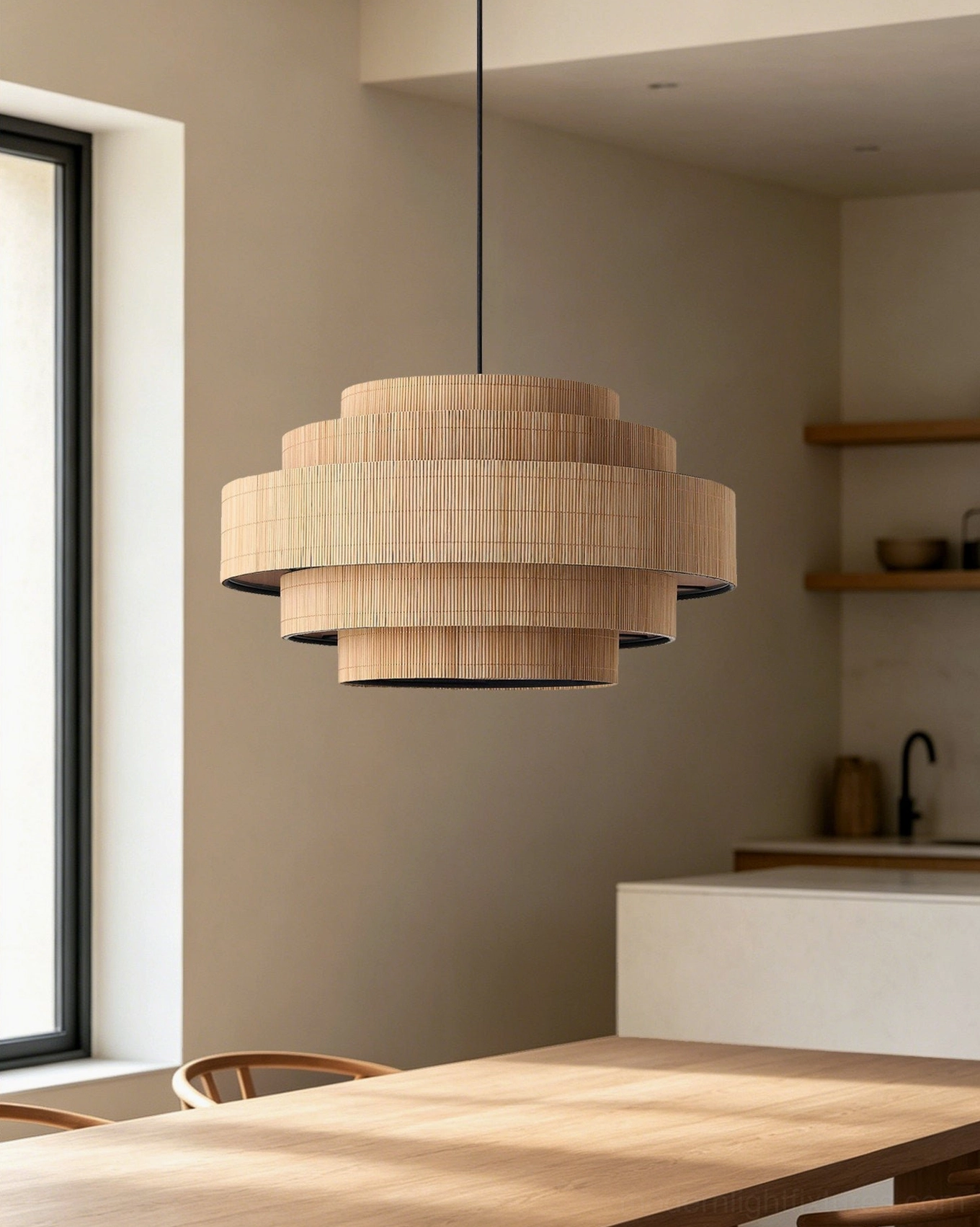 Tierelle tiered woven-bamboo pendant light, close-up detail of hand-woven bamboo texture, stacked drum tiers, natural material craftsmanship