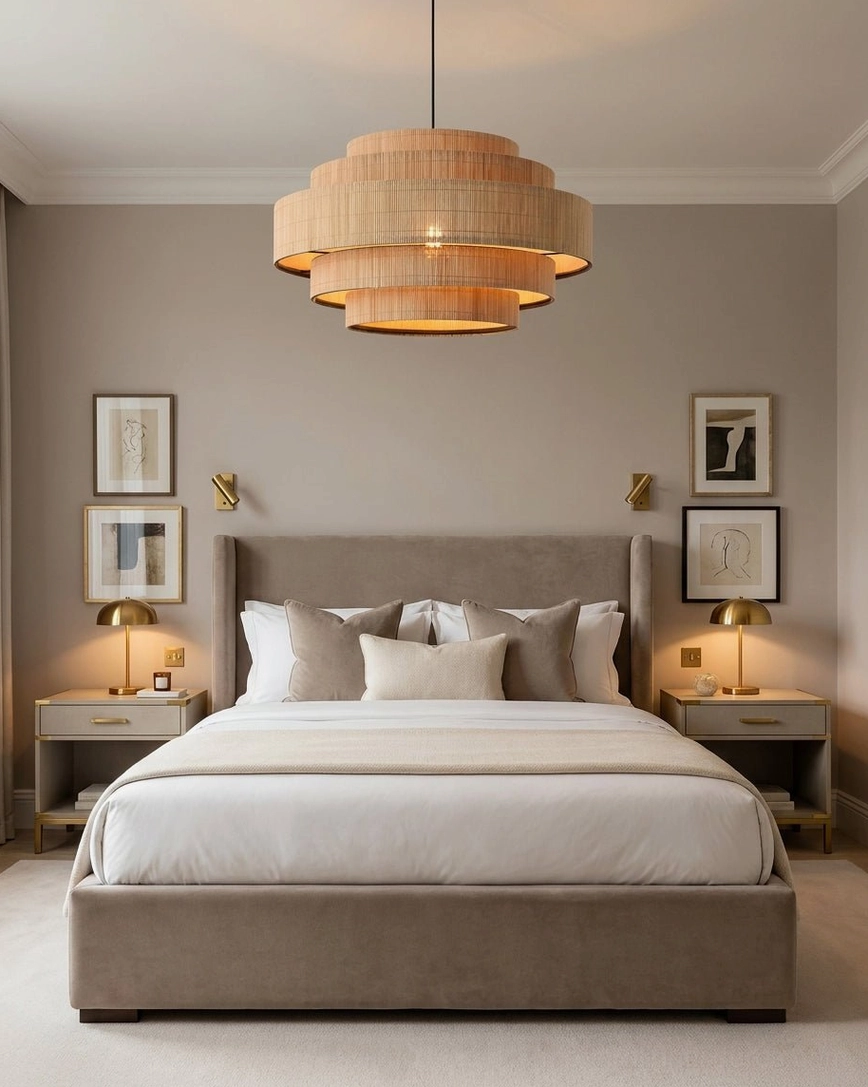 Tierelle pendant light in minimalist bedroom, soft warm illumination, cozy neutral bedroom decor with natural materials, bedroom pendant fixture