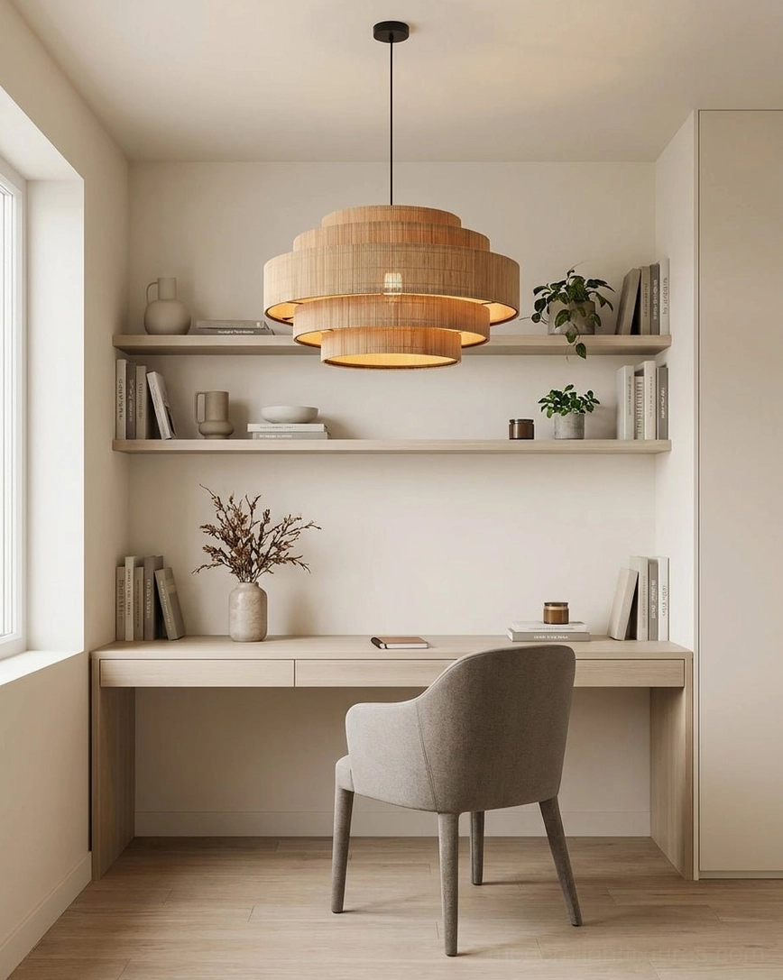Tierelle bamboo pendant above home office desk with floating shelves, clean minimalist workspace lighting, natural woven fixture in contemporary office