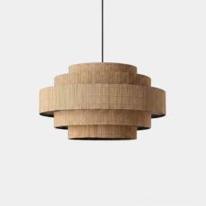 Tierelle tiered woven-bamboo pendant light with black iron frame, studio shot on neutral background, modern Japandi hanging fixture with stacked woven tiers
