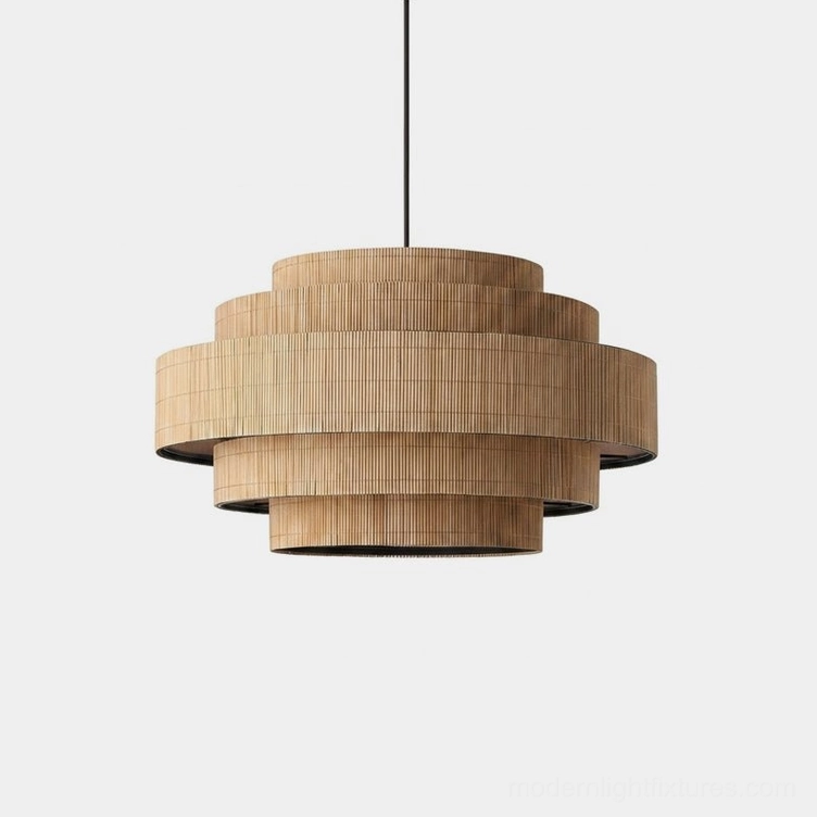 Tierelle tiered woven-bamboo pendant light with black iron frame, studio shot on neutral background, modern Japandi hanging fixture with stacked woven tiers