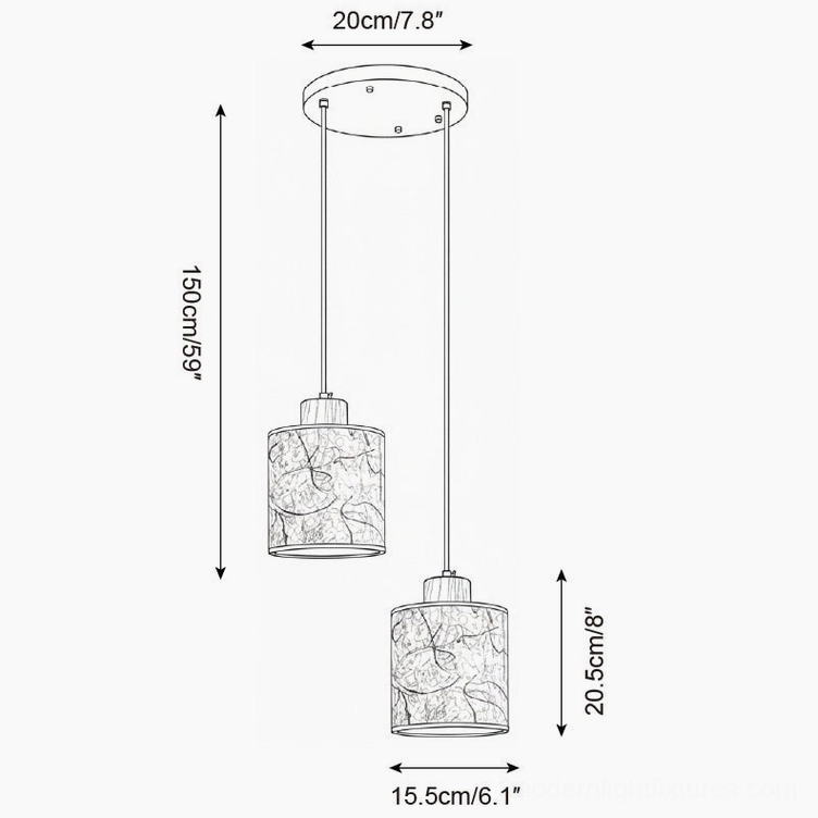 Tierra three-head circular pendant lamp chandelier technical schematic with ceiling canopy and dimensions