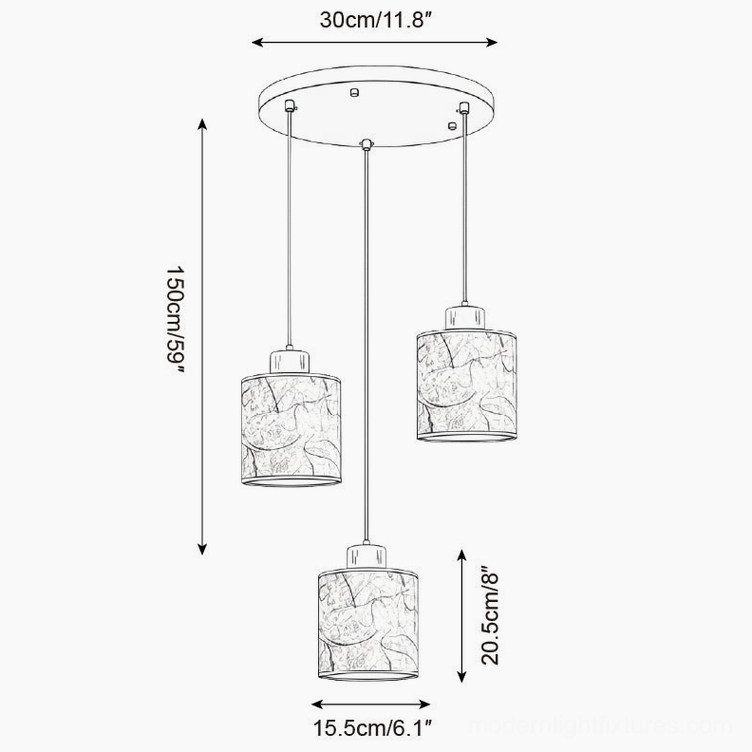 Tierra three-head pendant chandelier installation schematic with round ceiling mount and hanging configuration
