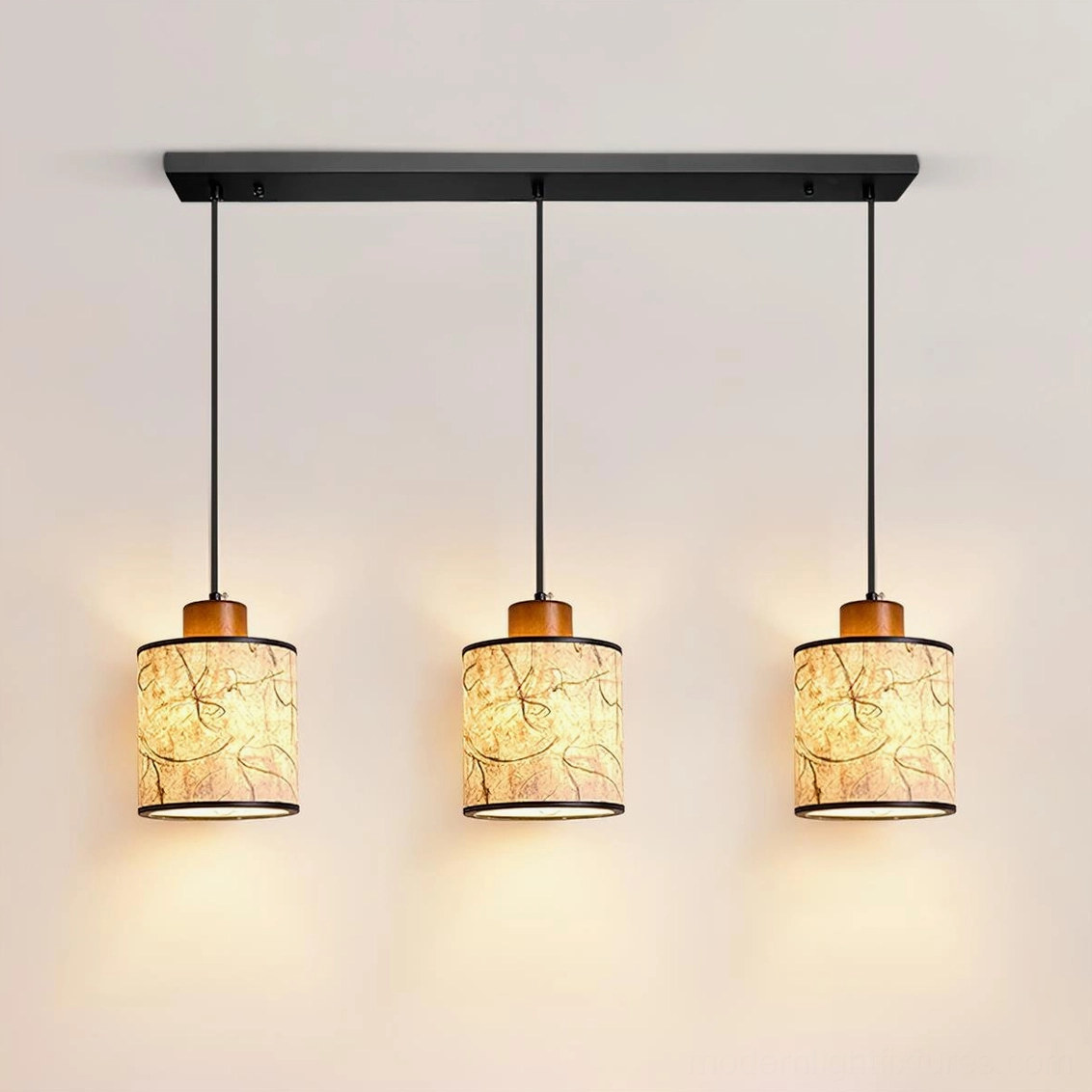 Linear three-head Tierra pendant lamp with 60cm horizontal mounting and coordinated rice paper shades