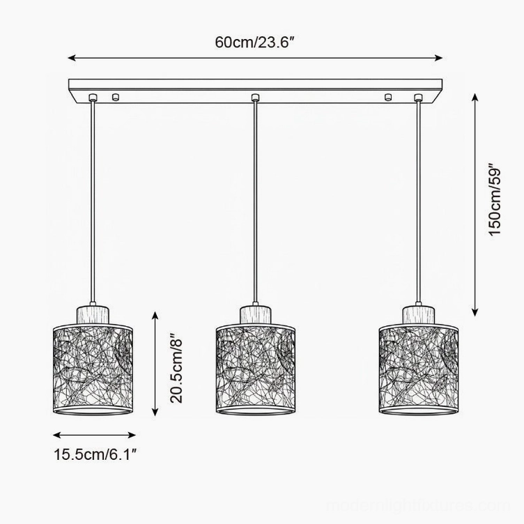 Tierra linear three-head pendant light schematic showing 60cm length mount and spacing configuration