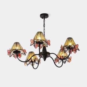 Front view of black stained glass Tiffany butterfly chandelier with pink butterfly accents against white background