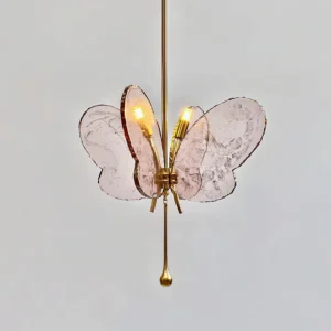 Illuminated Tiffany butterfly pendant lamp with pink marbled glass, close-up of dual G9 bulbs