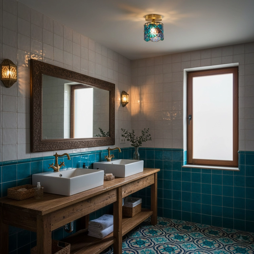 Tiffany style semi-flush ceiling light mounted in cottage interior showing artisan aesthetic
