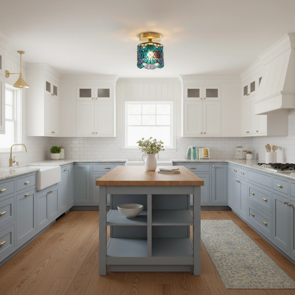 Multi-room design with matching Tiffany stained glass ceiling lights creating visual continuity through connected spaces
